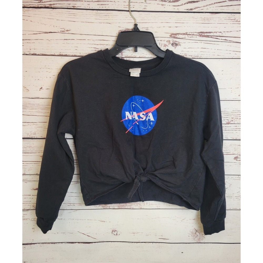 NASA Black Cropped Front Tie Graphic Sweatshirt Long Sleeve Crew Neck Large